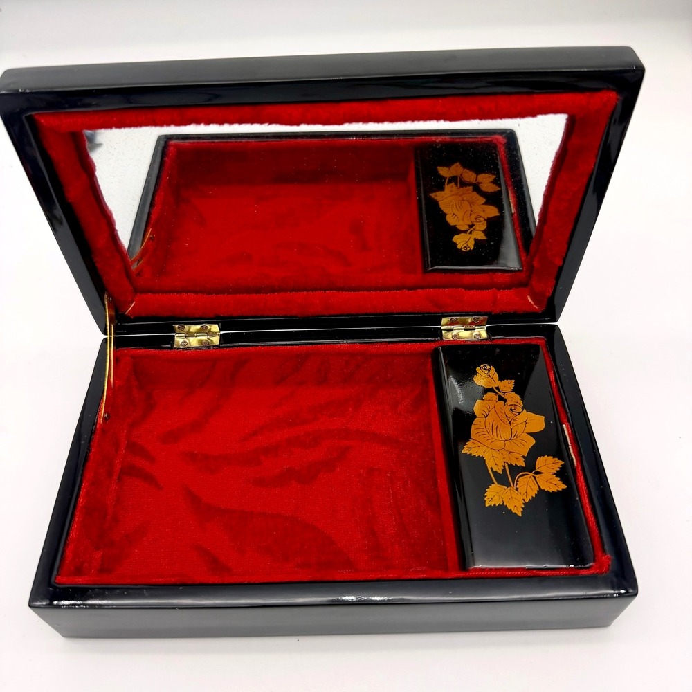 Vintage Asian Black Lacquer Jewelry Box Hand Painted Red Velvet Mirror 7.5" - Picture 3 of 13
